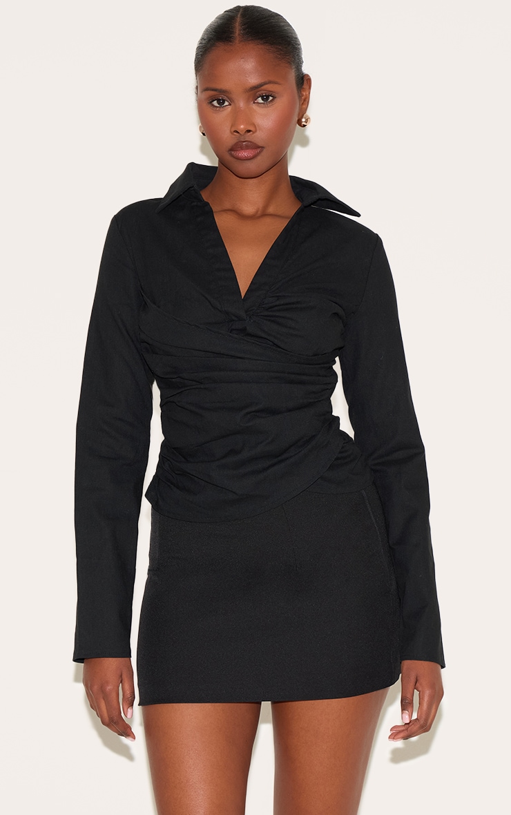 Black Linen Blend Fitted Wrap Detail Shirt image 1