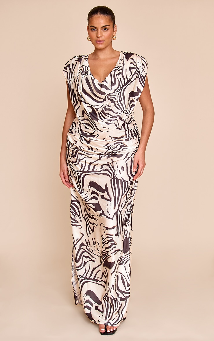 Plus Monochrome Printed Extreme Cowl Ruched Detail Maxi Dress image 3