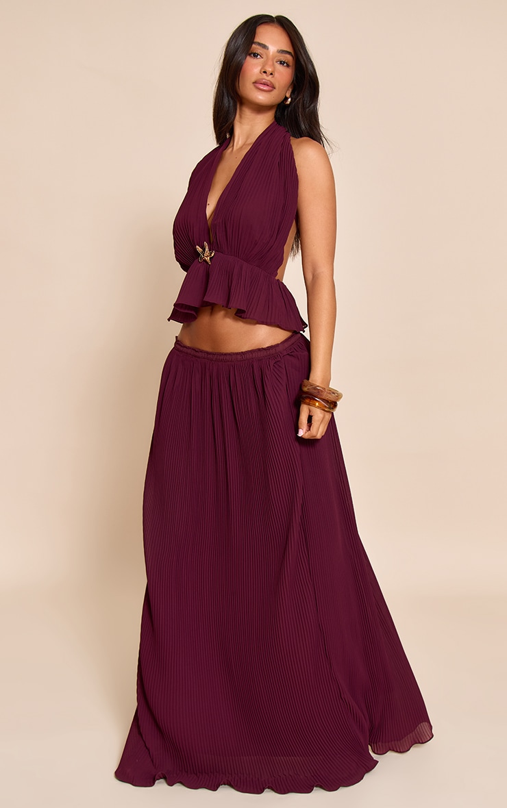 Petite Wine Plisse Trim Detail Halterneck Top image 3