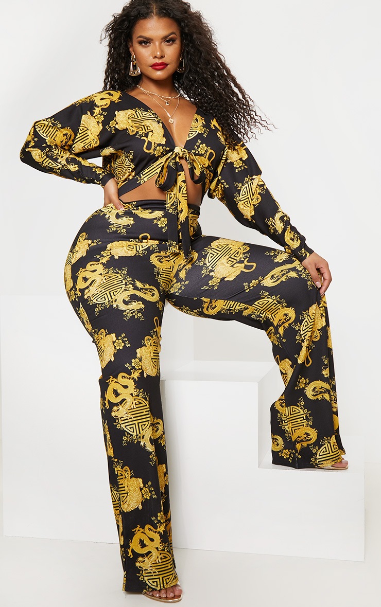 Plus Black Print Tie Front Jumpsuit | PrettyLittleThing