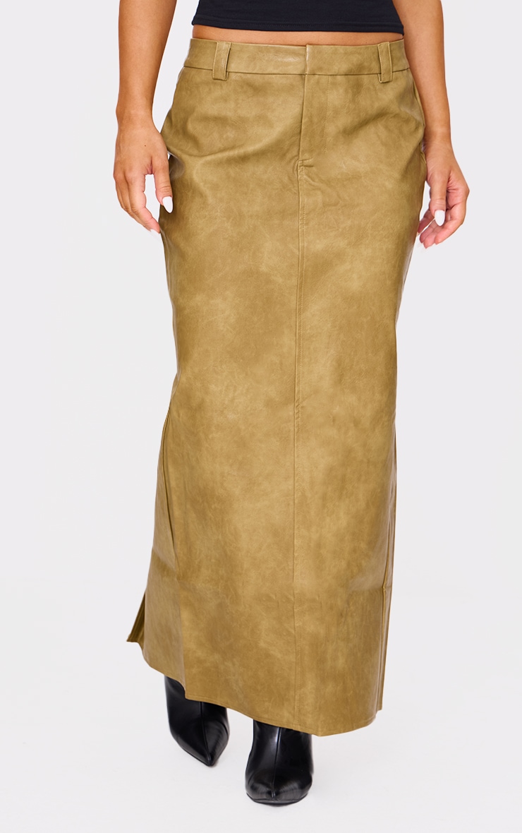 Premium Olive Washed Faux Leather Maxi Skirt image 2