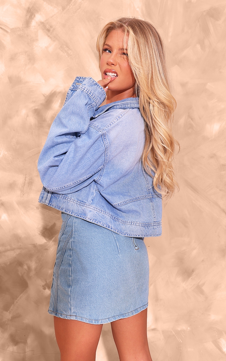 Mid Blue Wash Upside Down Waistband Crop Denim Jacket image 2