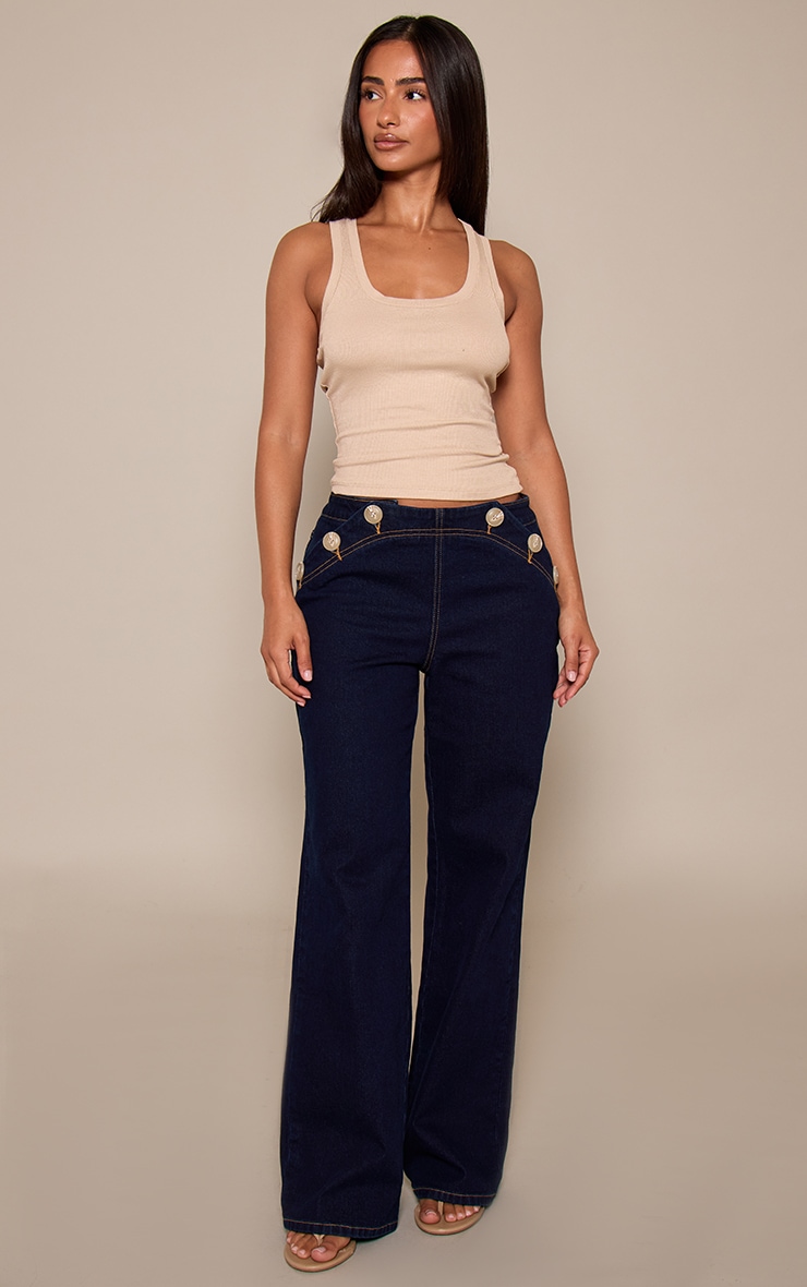 Petite Indigo Button Detail Straight Leg Jeans