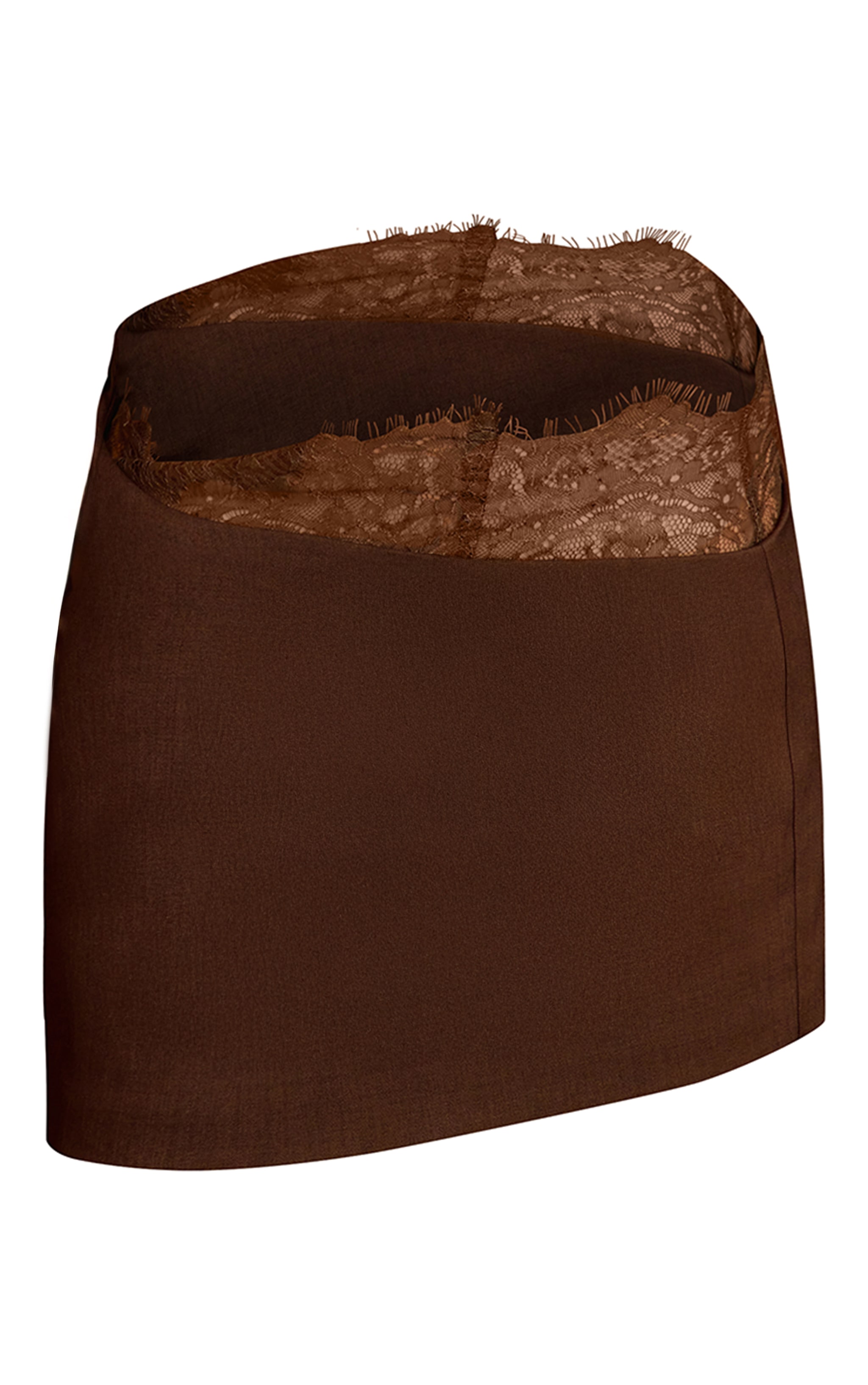 Chocolate Brown Woven Ruched Asymmetric Lace Panel Mini Skirt image 6