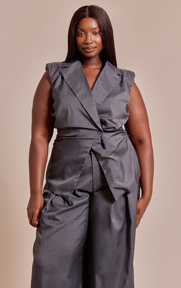 Plus Navy Ruched Sleeveless Blazer