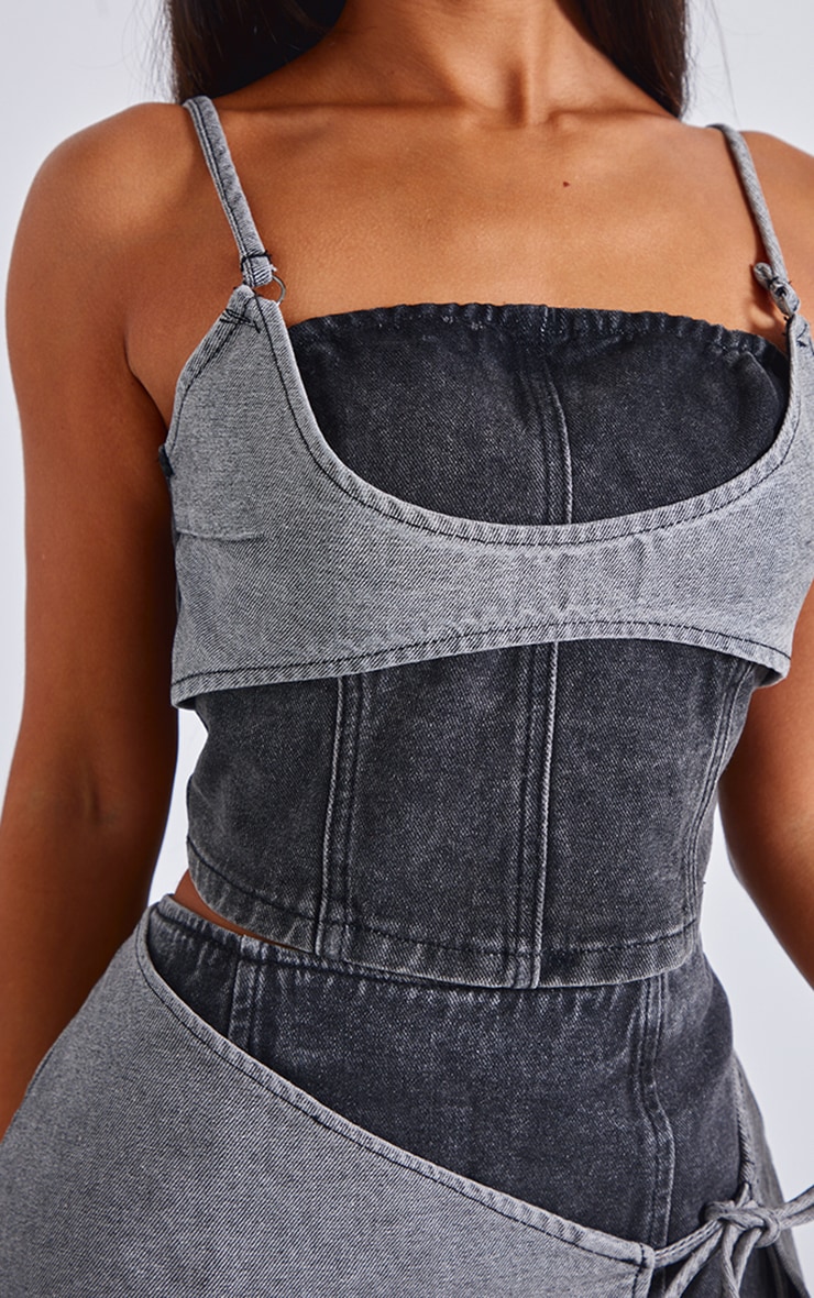 Petite Black Denim Double Layered Corset Top image 4