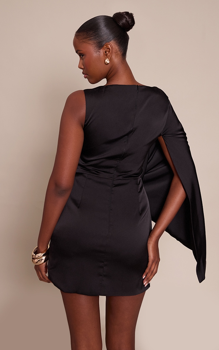 Black Asymmetric Cape Detail Boat Neck Mini Dress image 2
