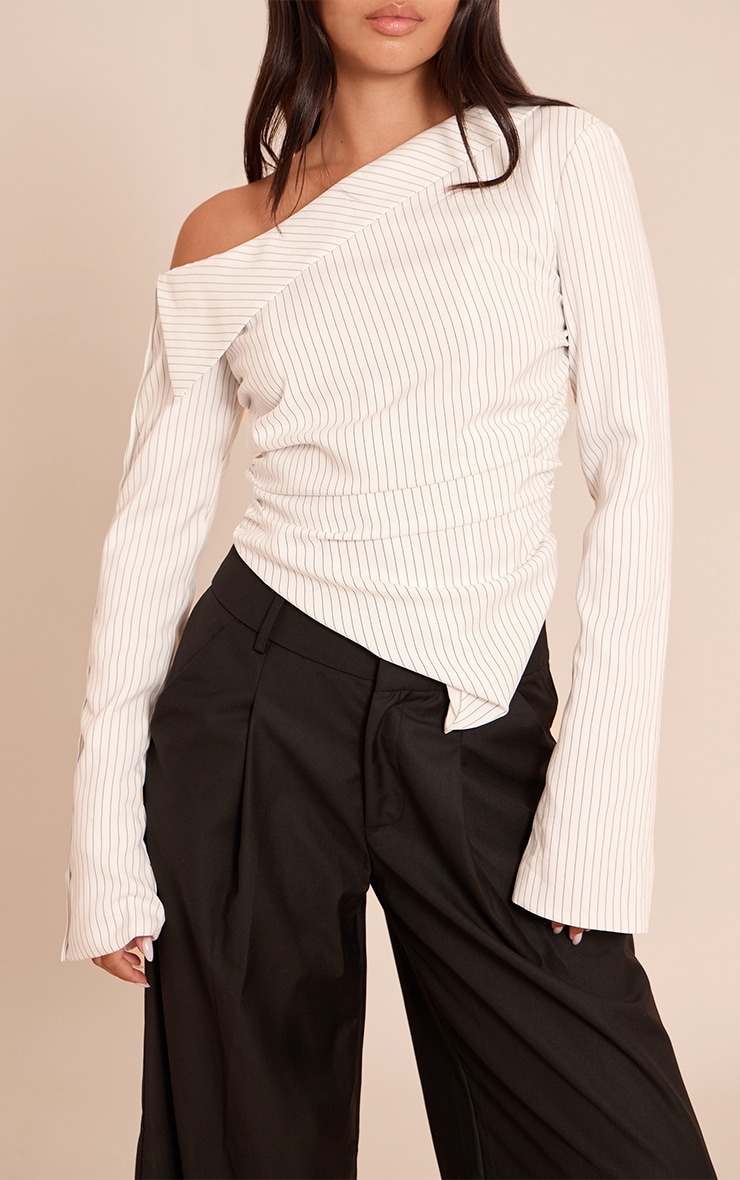 Monochrome Pinstripe Bardot Asymmetric Hem Long Sleeve Shirt image 4
