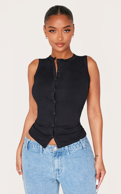 Shape Black Asymmetric Button Front Sleeveless Top
