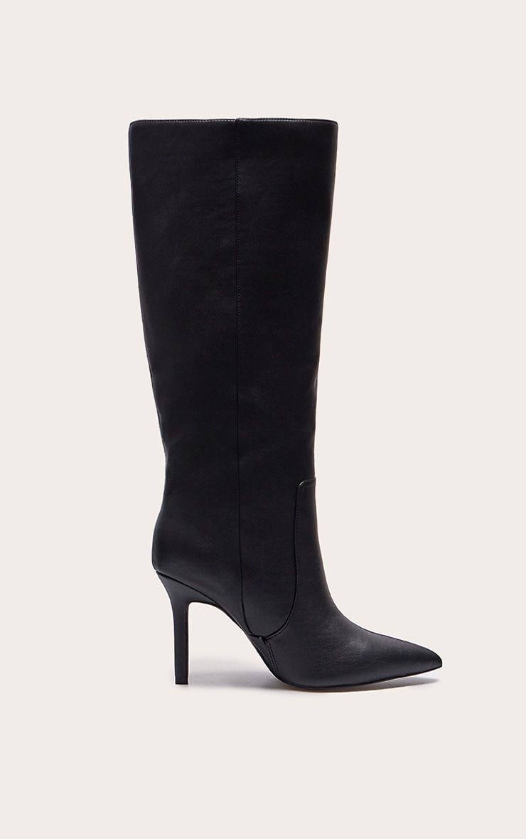 Black PU Wide Fit Point Toe Knee High Boots