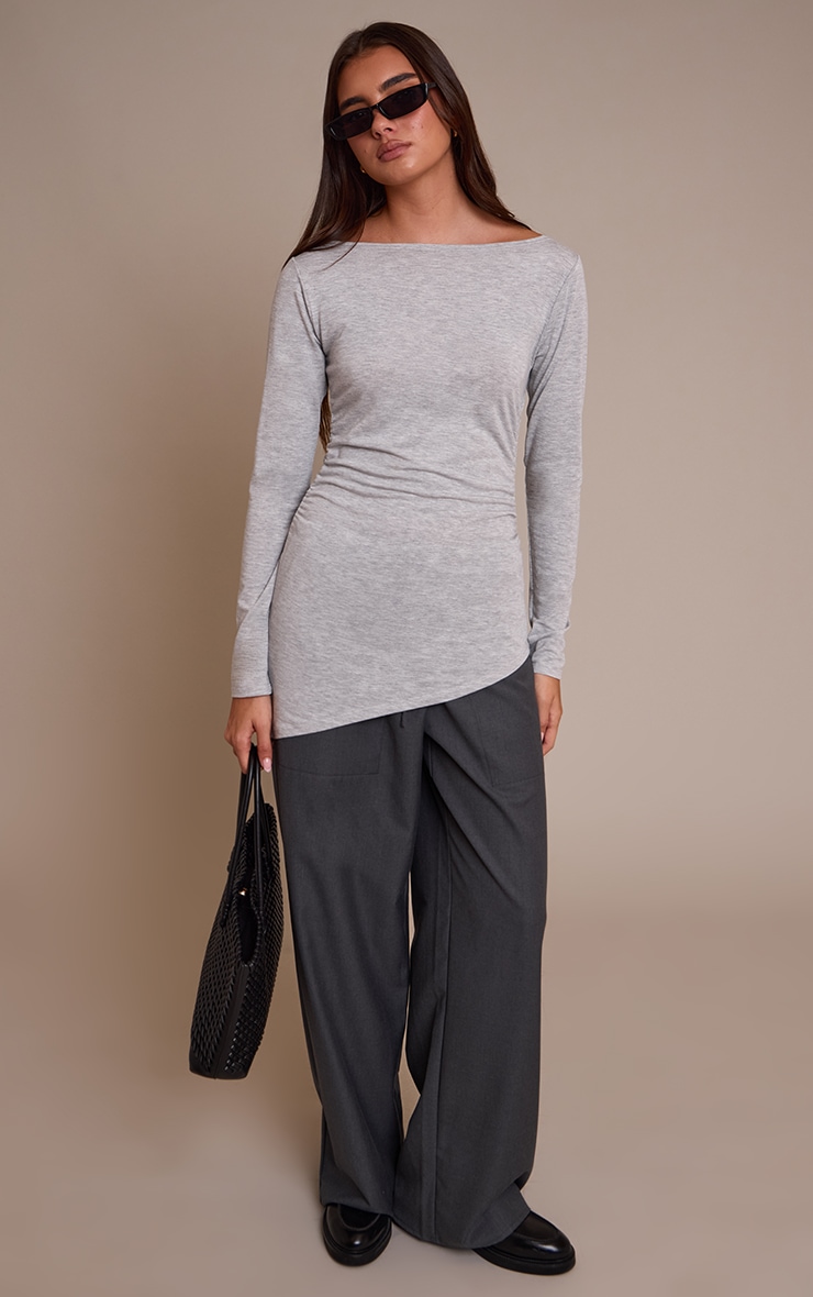 Grey Marl Asymmetric Hem Detail Long Sleeve Top image 3
