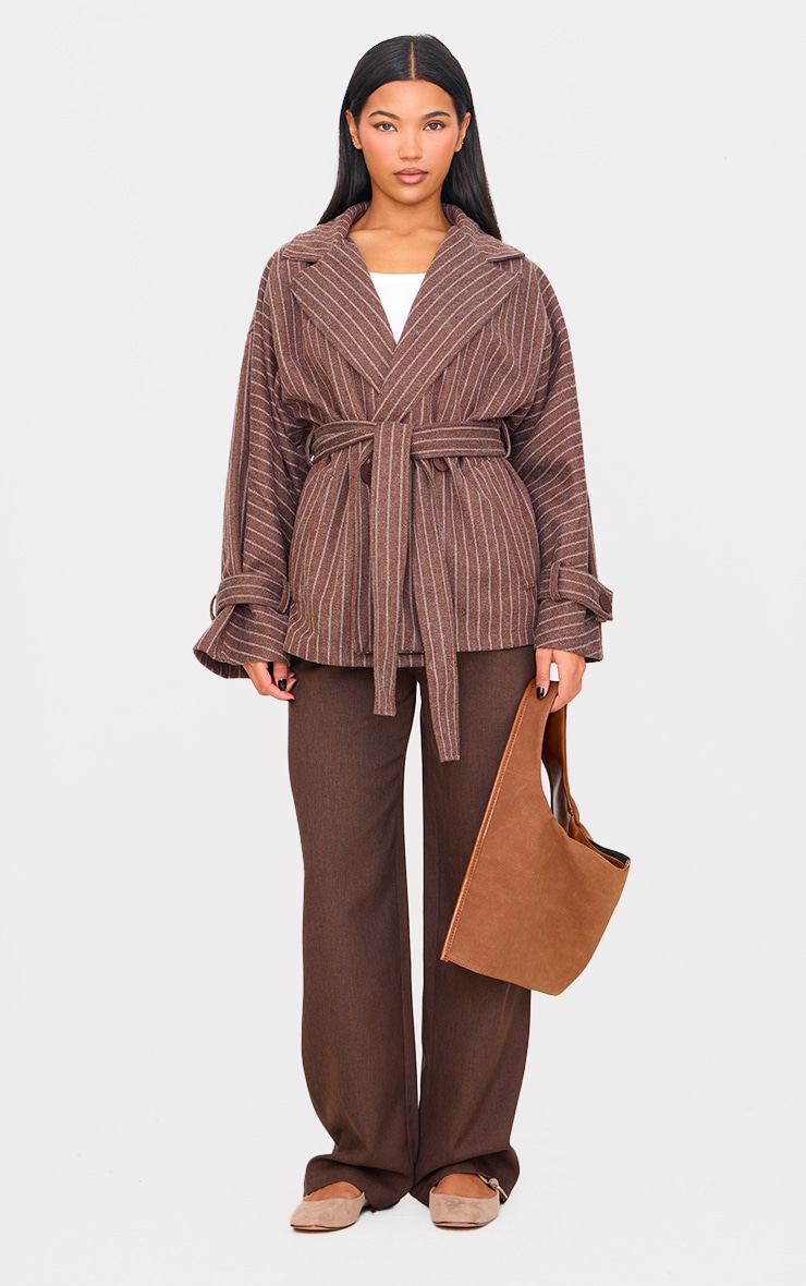 Chocolate Pinstripe Tie Waist Trench Coat image 3