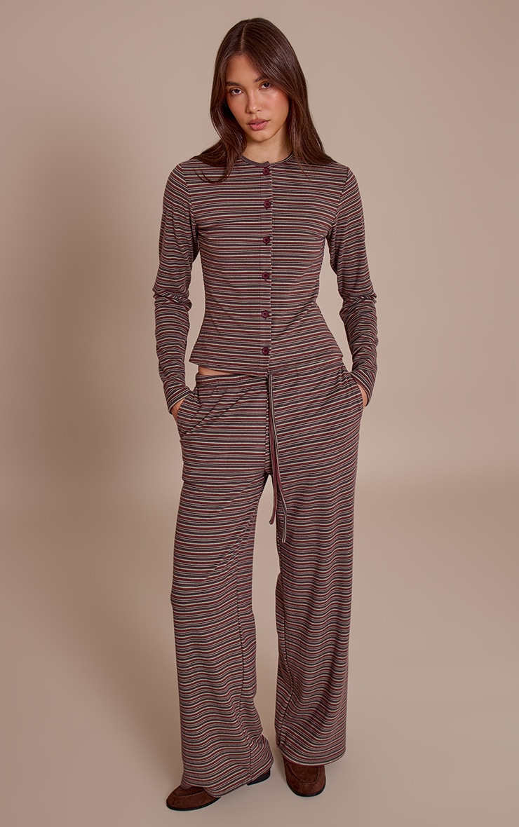 Burgundy Soft Fleece Pinstripe Button Up Top image 3
