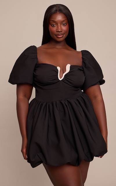 Plus Black Woven Diamante Trim Puffball Mini Dress