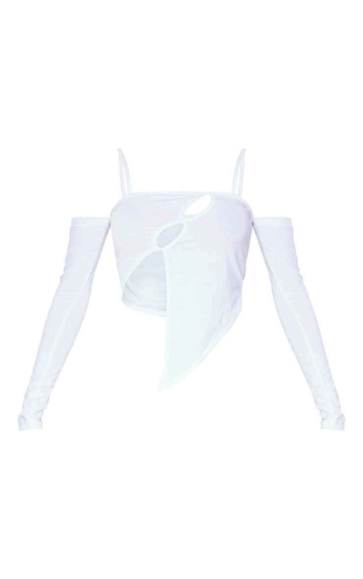 White Jersey Cold Shoulder Asymmetric Strappy Crop Top image 5