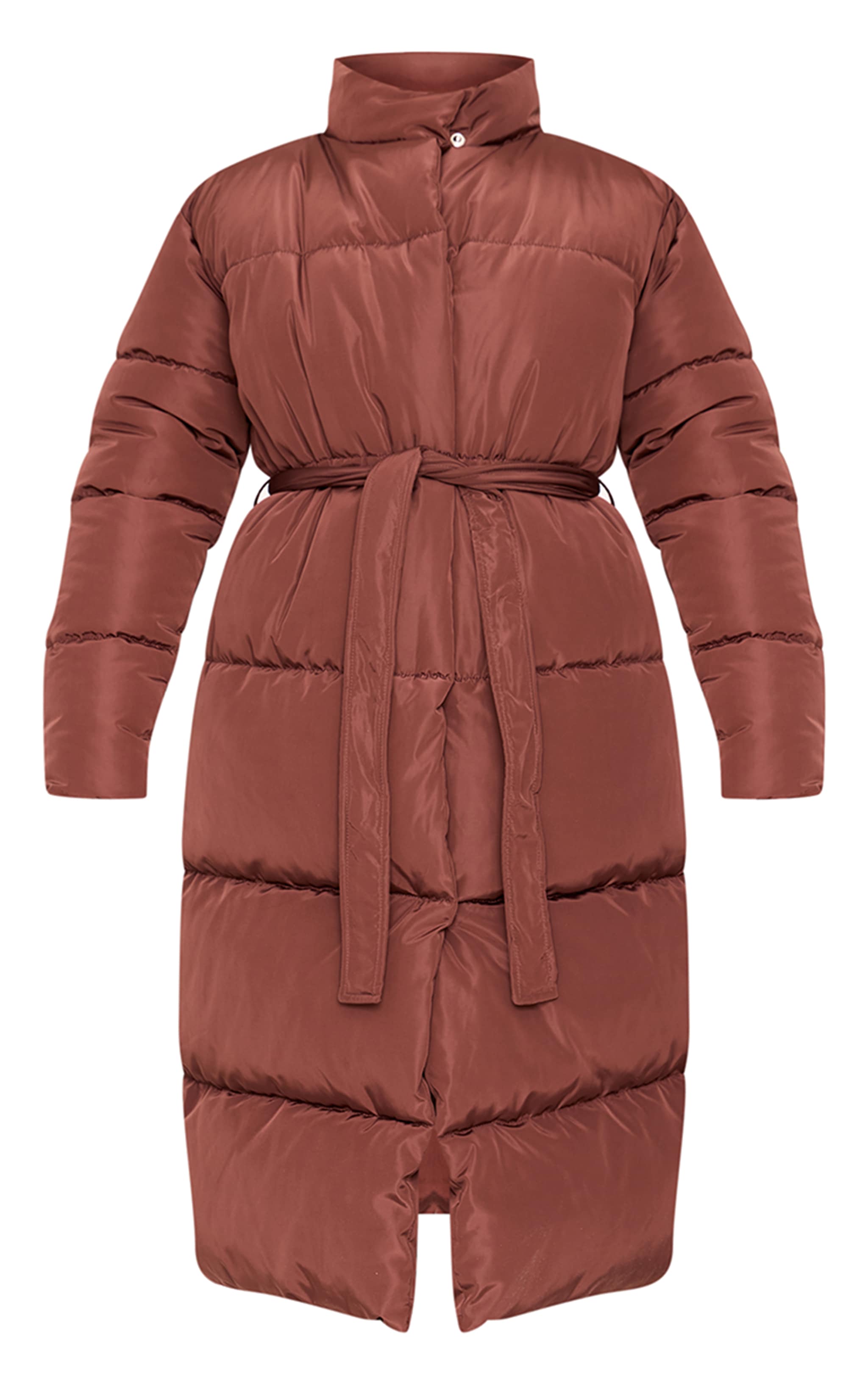 Mocha Quilted Longline Tie Waist Puffer Coat image 5