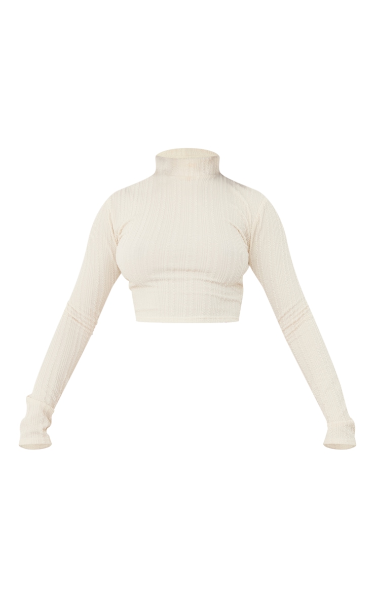 Cream Textured Ribbed High Neck Detail Crop Top image 5