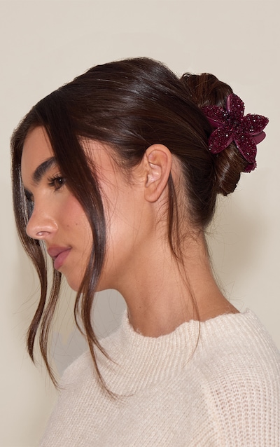 Burgundy Crystal Lily Flower Hair Clip