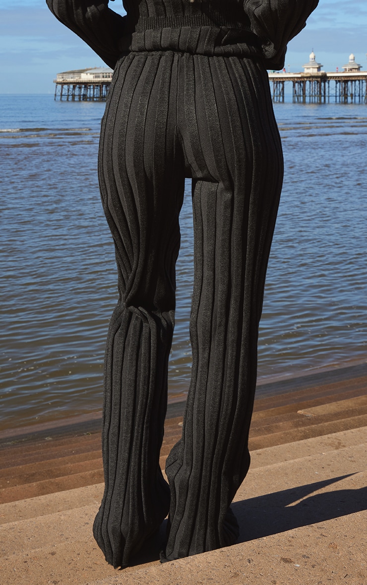 Black Wide Rib Knitted Trouserss image 3