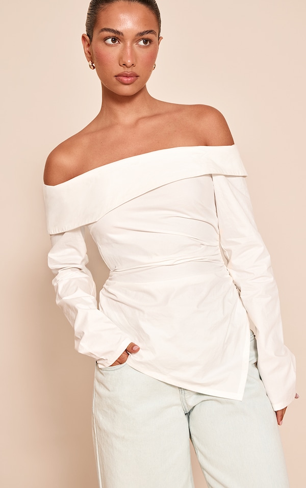White Cotton Ruched Asymmetric Hem Bardot Top