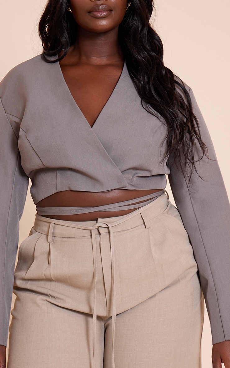 Plus Charcoal Grey Wrap Waist Tie Blazer image 4