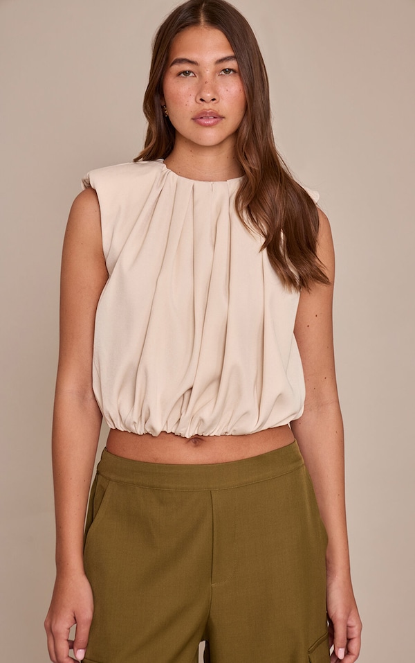 Beige Woven Pleated Bubble Hem Top 
