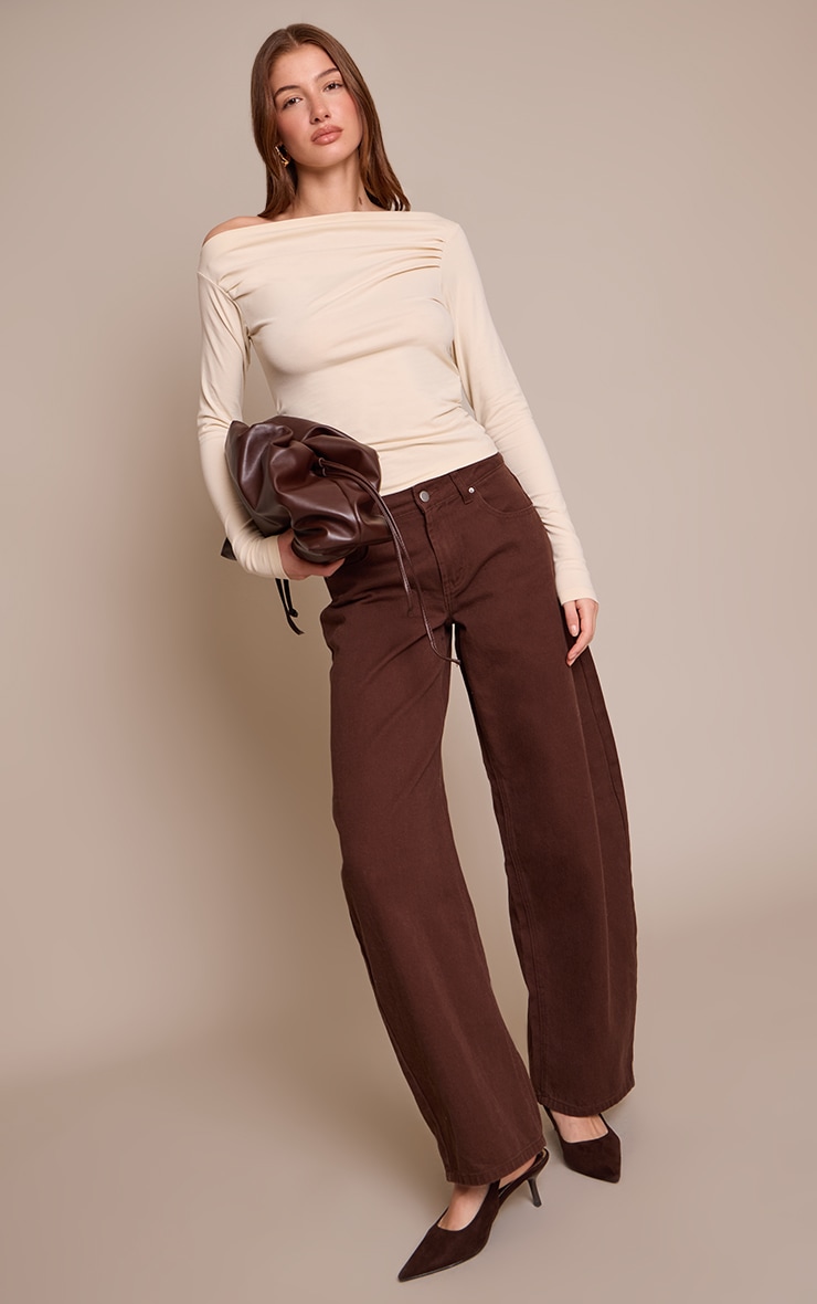 Oatmeal Soft Cotton Ruched Asymmetric Long Sleeve Top image 3