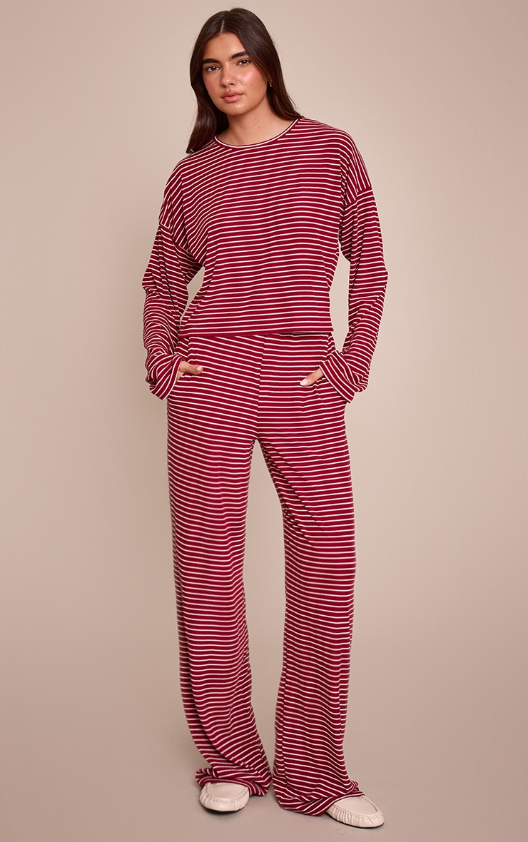 Burgundy Striped  Boyfriend Style Wide Leg Trousers image 1