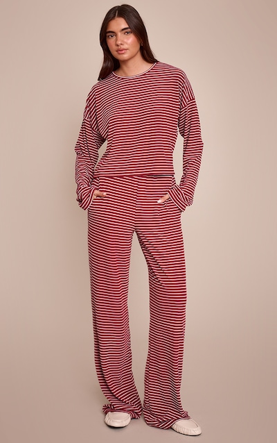 Burgundy Striped Boyfriend Style Wide Leg Trousers