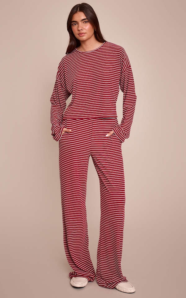 Burgundy Striped Boyfriend Style Wide Leg Trousers