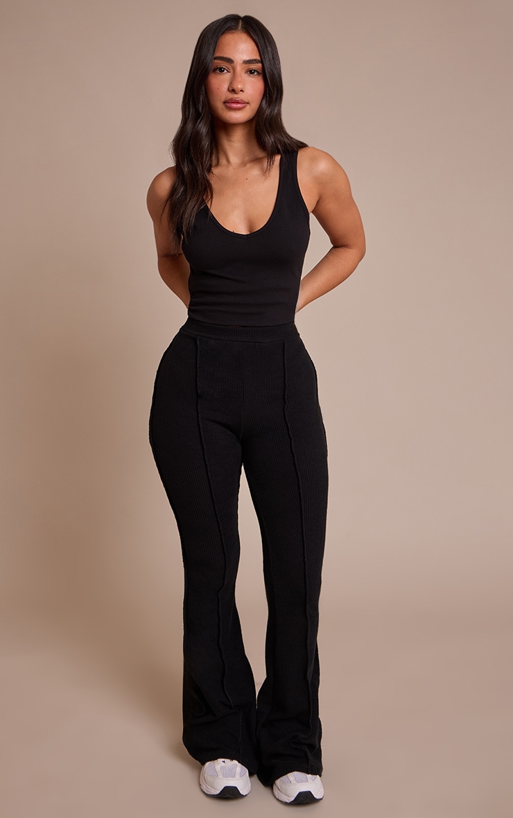 Petite Black Rib High Waist Seam Detail Flared Pants image 1