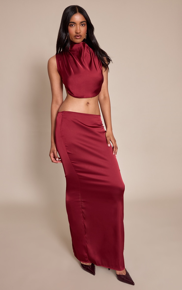 Burgundy Satin Maxi Mid Rise Skirt image 2