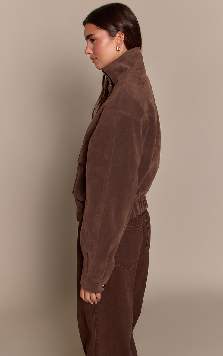 Bitter Chocolate High Neck Utility Pocket Cropped Suede Bomber  image 2