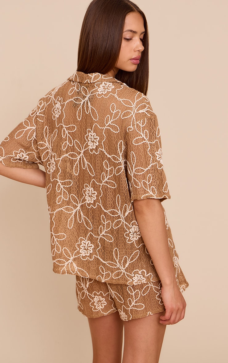 Tan Embroidered Floral Short Sleeve Shirt image 2