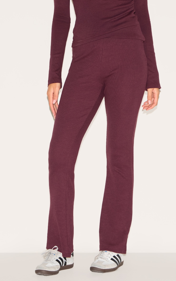 Plum Ribbed Elasticated Skinny Flare Pants image 2