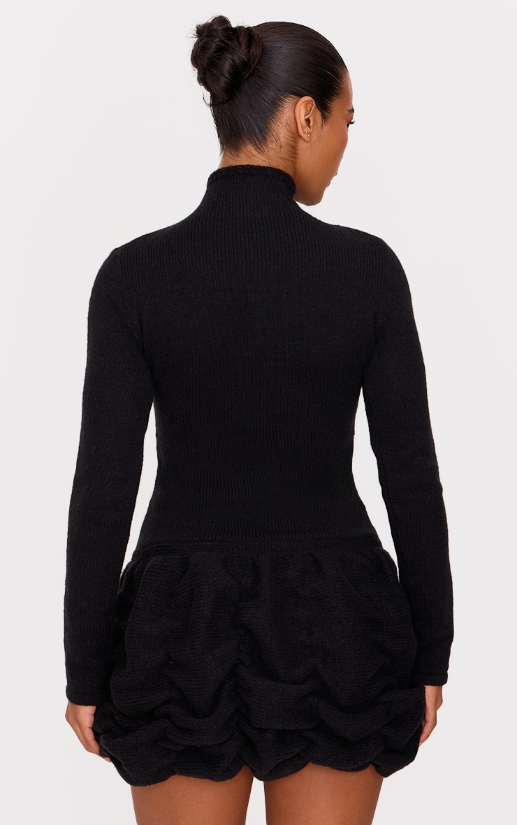 Black High Neck Knitted Puffball Mini Dress image 2