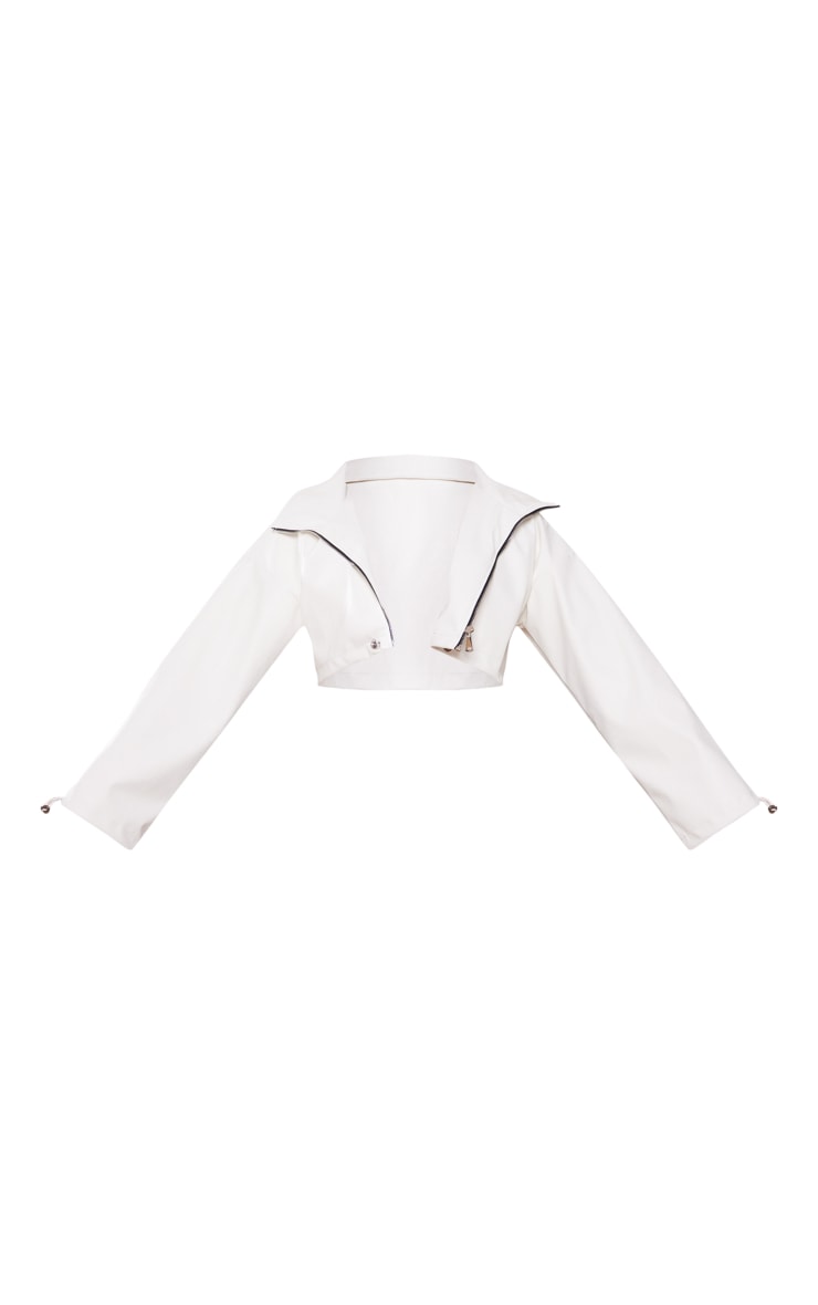 White Basic Ruched Hem Cropped Faux Leather Jacket image 1