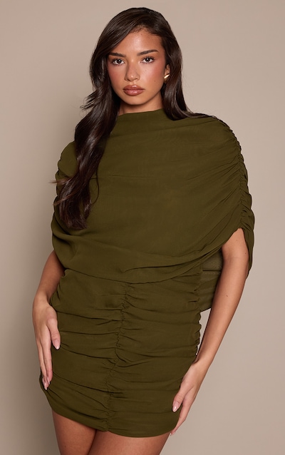 Olive Chiffon Overlay Detail Ruched Mini Dress