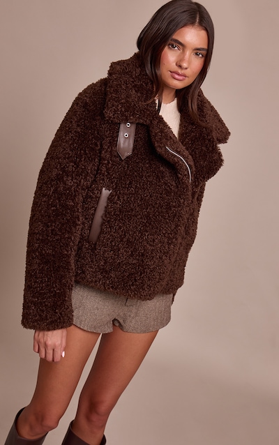 Blouson aviateur marron chocolat à bordure en imitation mouton