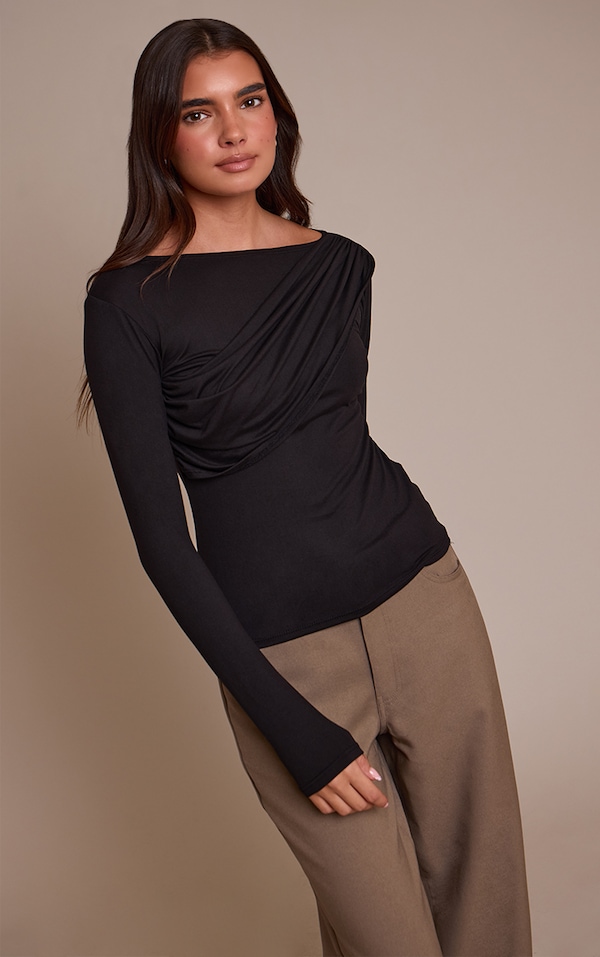Black Soft Touch Drape Detail Long Sleeve Top 