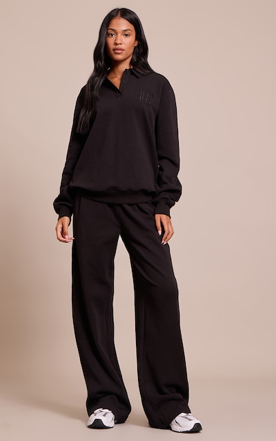 Tall Black Embroidered Interlock Rib Panel Wide Leg Sweatpants