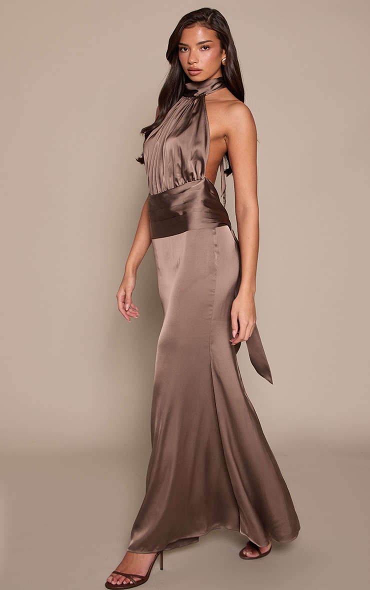 Taupe High Neck Tie Detail Satin Maxi Dress image 3