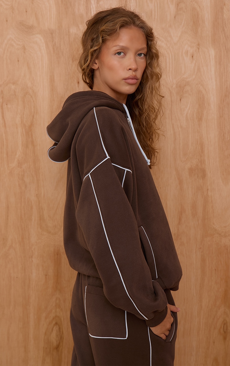 Chocolate Contrast Seam Drawcord Full Zip Hoodie image 2