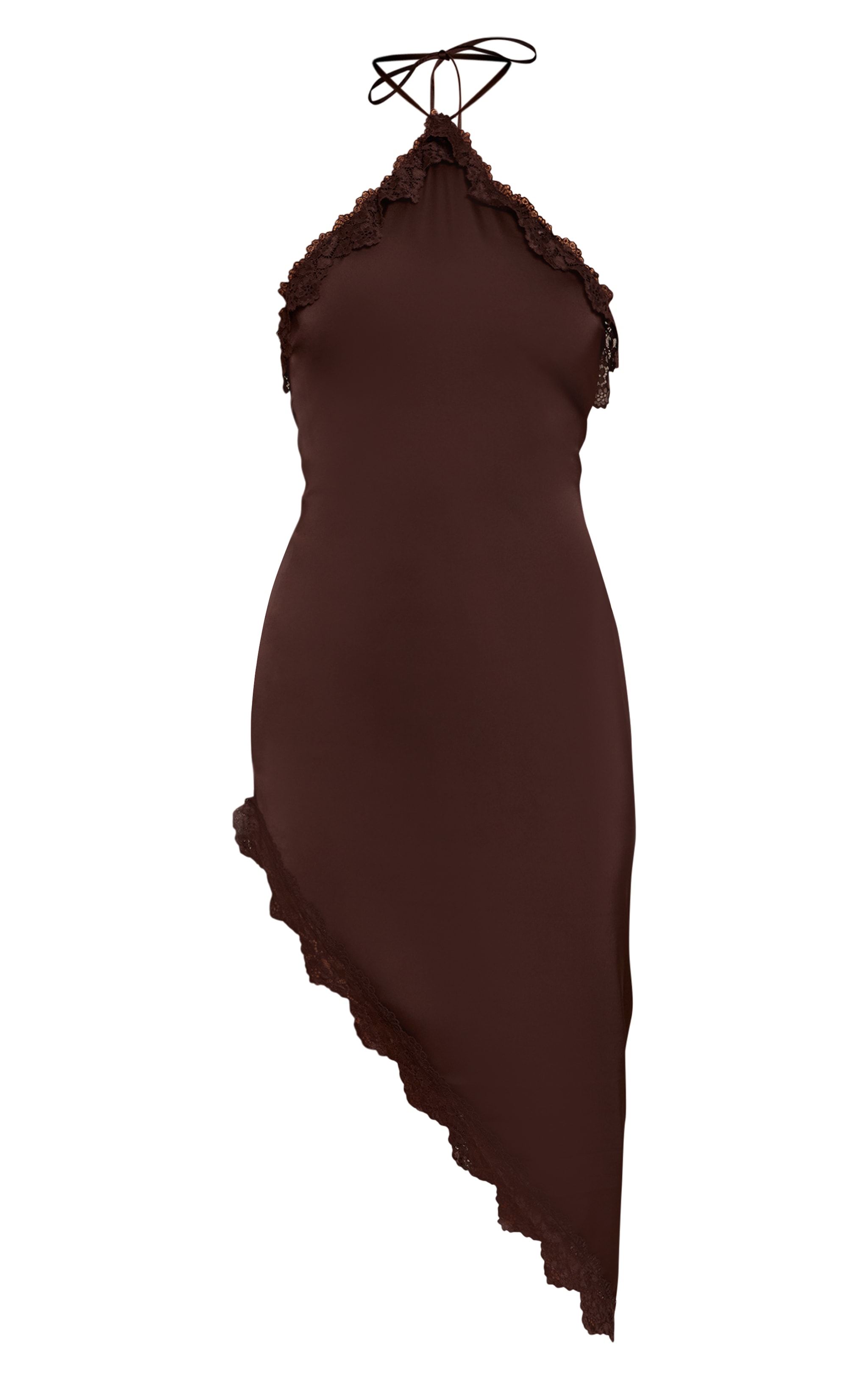 Chocolate Contrast Satin Lace Trim Detail Asymmetric Halterneck Dress image 5