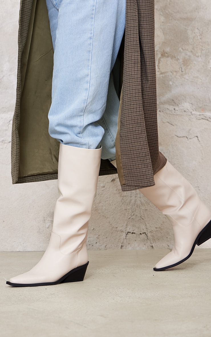 Cream PU Point Toe Black Heel Western Boots image 2