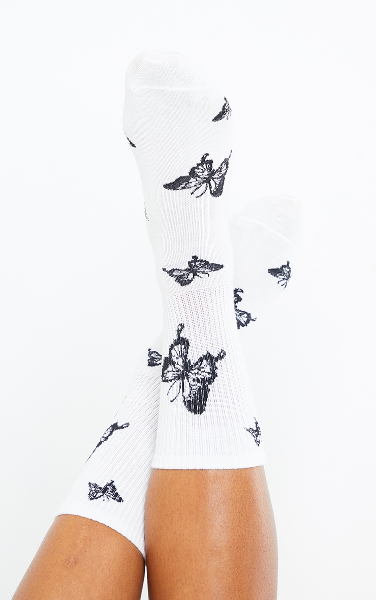 White Butterfly Print Socks