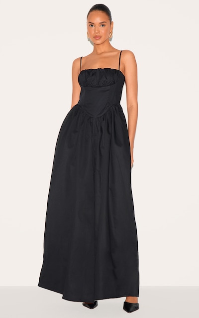 Black Premium Ruched Corset Detail Wide Leg Jumpsuit