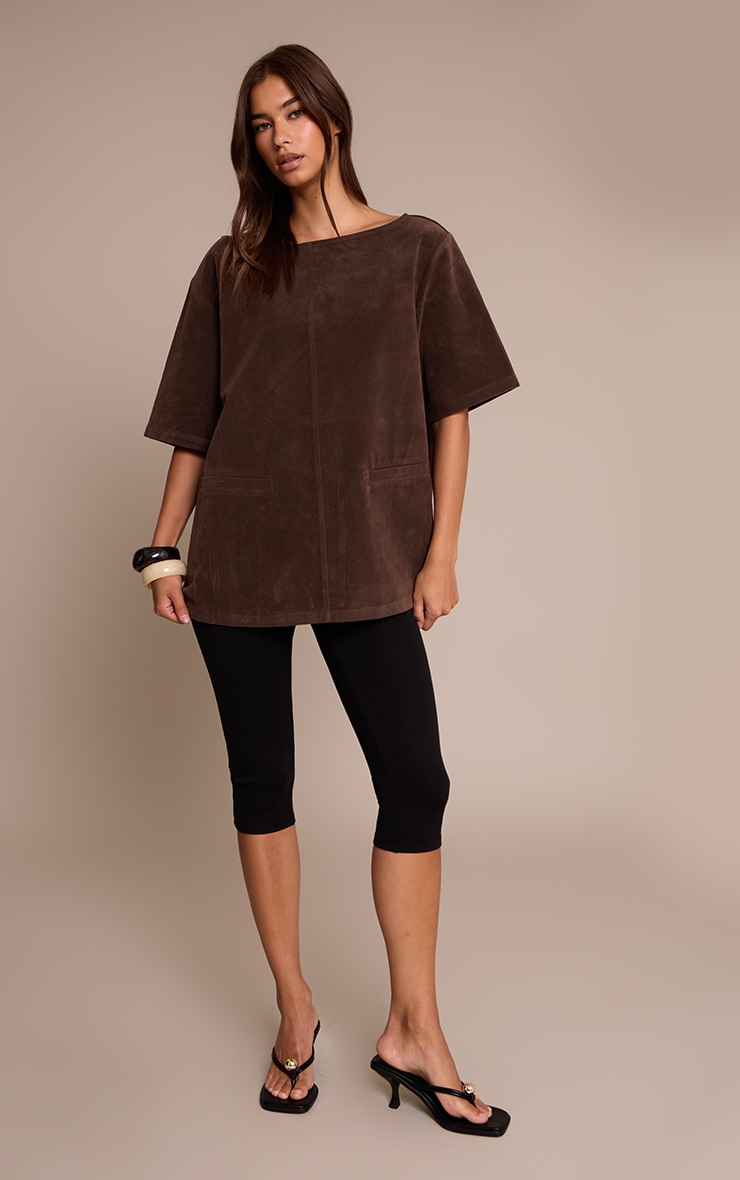 Dark Chocolate Faux Suede Oversized Boxy Detail Structured Top  image 3