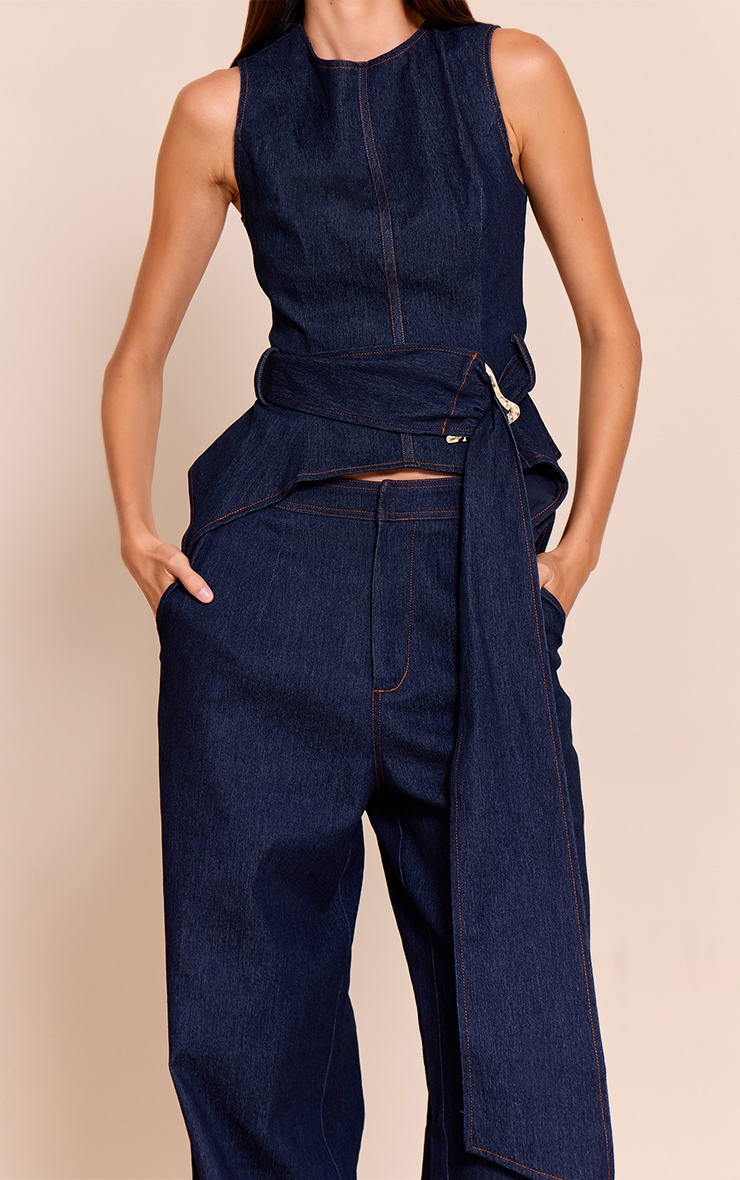 Indigo Blue Chambray Denim Wide Leg Pants image 4