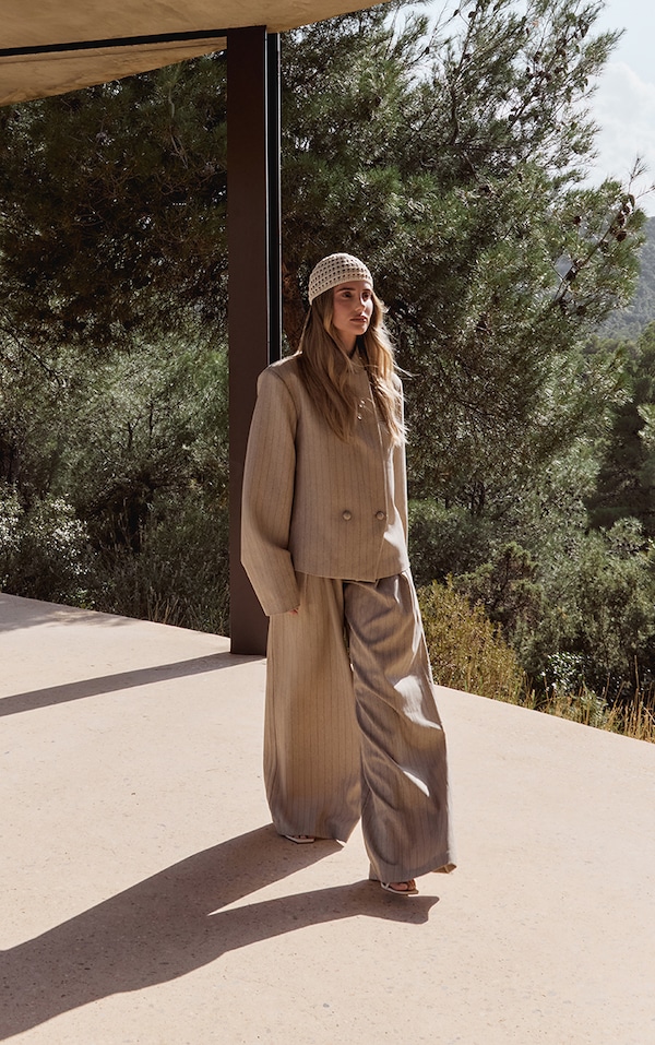 Taupe Pinstripe Pleated Wide Leg Pants